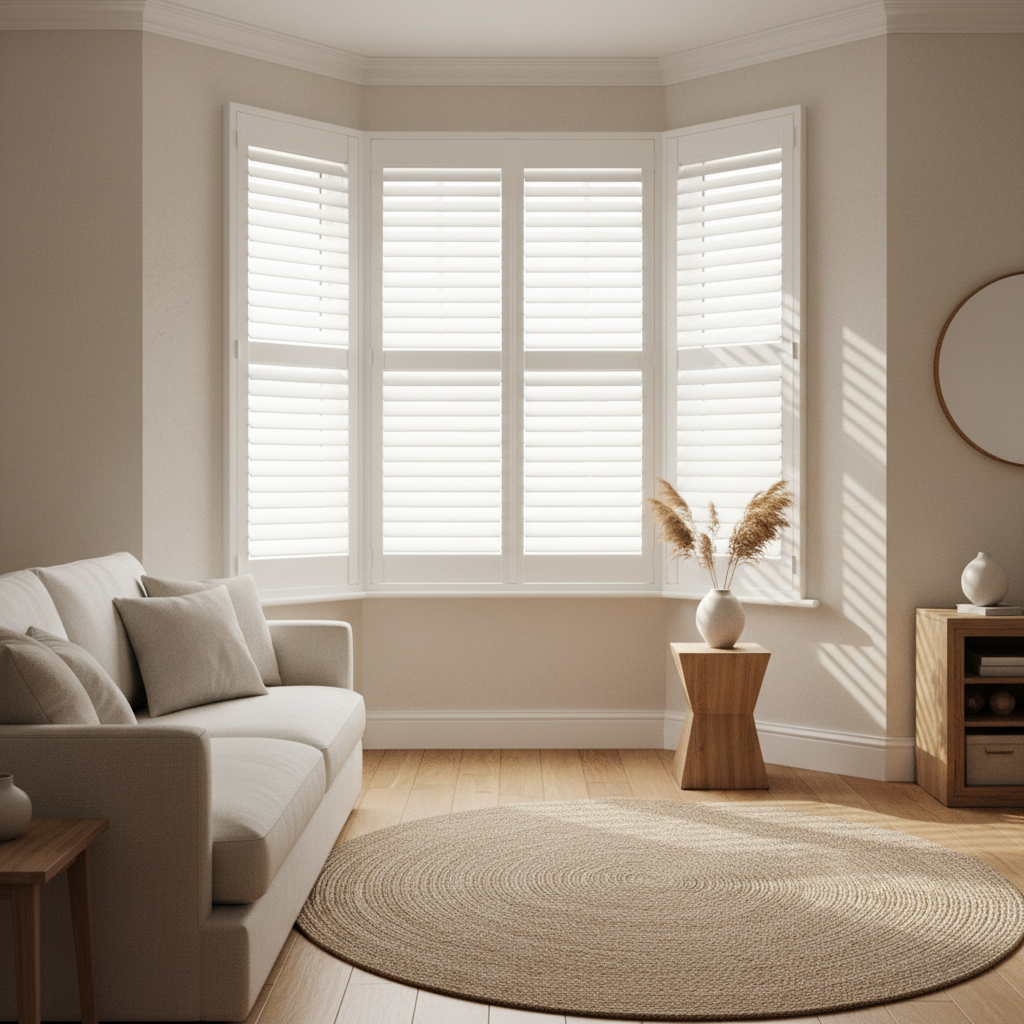 Elegant white plantation shutters fitted in a bright Norfolk home, showing the quality craftsmanship of John Keith Shutters